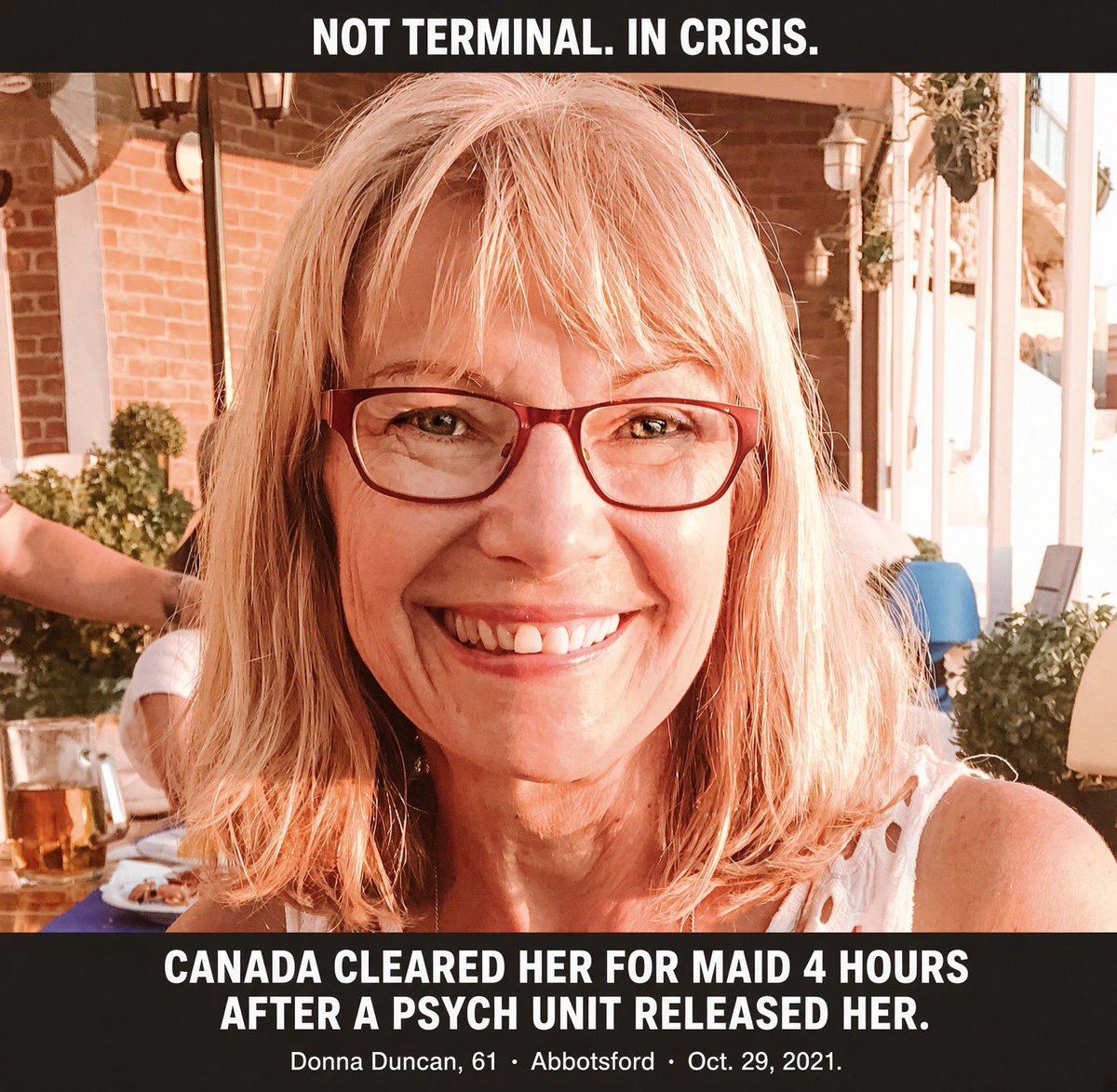 JimBobW49's tweet photo. “Canada approved a woman’s death four hours after a psych unit let her go”

Donna Duncan was 61. A February 2020 car accident left her with a concussion. Anxiety, paranoia, food aversion, and severe weight loss followed.

Her family doctor refused to support medical assistance in dying. He said her mental health needed treatment. She found two assessors who approved her anyway, calling her weight loss and frailty proof that death was “reasonably foreseeable.” She was not terminally ill.

Her daughters got a judge’s warrant under B.C.’s Mental Health Act. She was held after a suicide attempt, assessed, deemed capable, and released. On October 29, 2021, she received MAID at home in Abbotsford. Her family says they were told she was dead less than four hours later.

Police investigated and found no crime. Fraser Health withheld the assessment records. The privacy commissioner backed that refusal. Her daughters still cannot see the paperwork that cleared her.

This is the system Canada built. A woman in a documented crisis walked out of a psychiatric unit and into a death approved on the strength of her own starvation. Safeguards failed in plain sight.
#MAID #Canada #AssistedSuicide #MentalHealth #DonnaDuncan #Euthanasia #BC #MedicalEthics #Life #Abbotsford