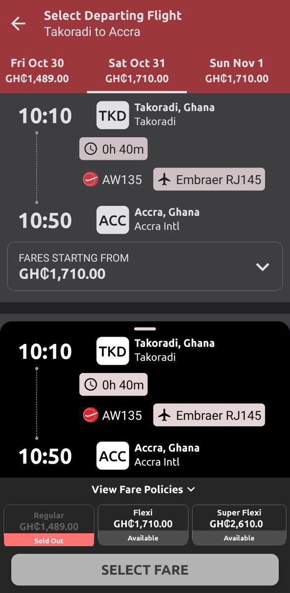 QwequTawiah's tweet photo. @flyafricaworld How it's looking like on your AWA app. Just to note all your regular tickets are always sold out? Even flight for 31st October? Come on Africa World. Looks like the regular tickets are hijacked for the agents. And when do you intend to start loyalty rewards for frequent flyers? https://t.co/lJjIn3Odk4