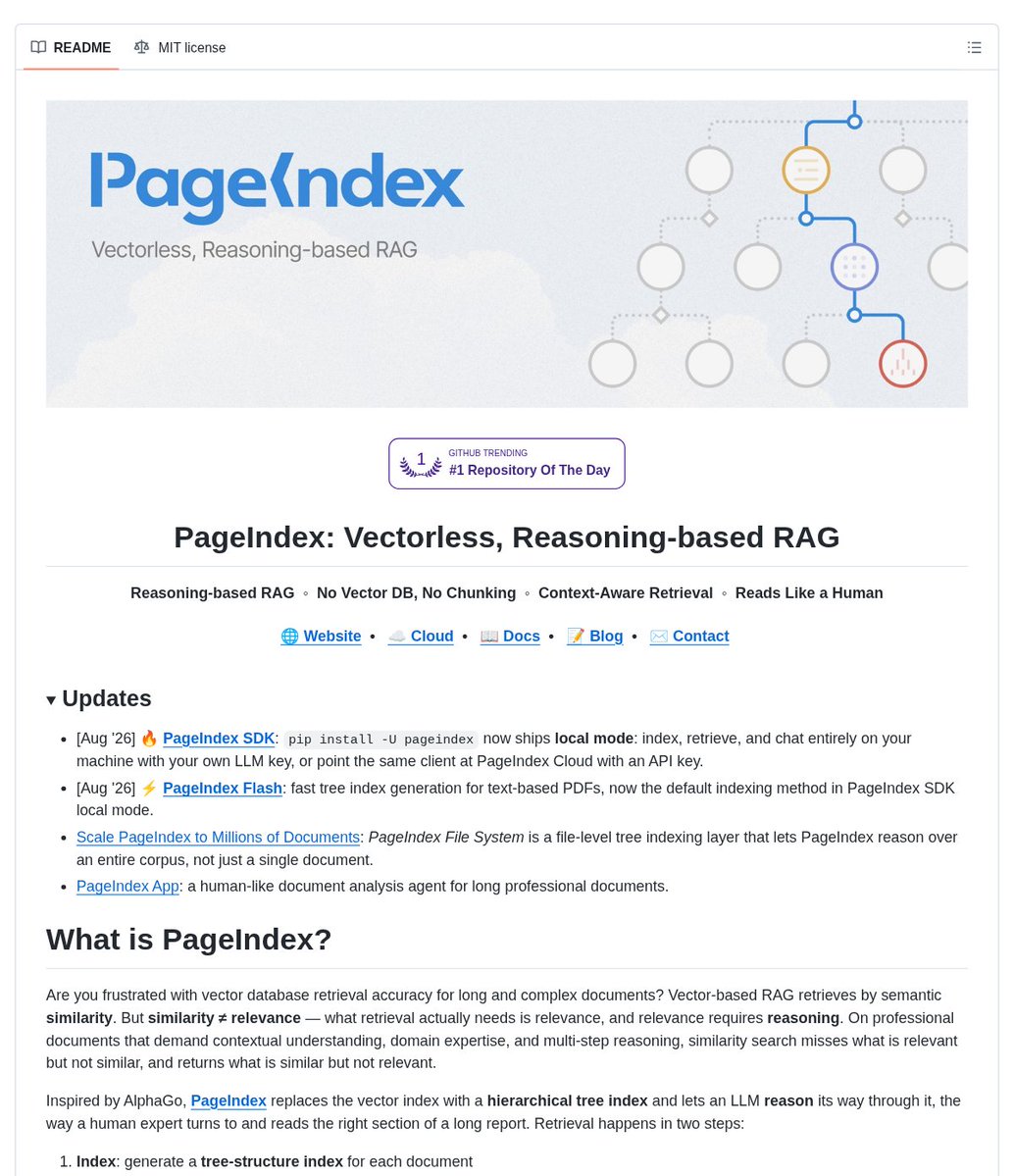 DanKornas's tweet photo. Long PDFs make “just use vector search” feel fragile.

PageIndex is an open-source, vectorless, reasoning-based RAG project for searching long, complex documents.

It helps you retrieve document-grounded answers by building a hierarchical tree index, then letting an LLM reason through the relevant sections instead of relying on similarity search alone.

Key features:

• Tree-structure index – organizes each document into a hierarchy the retrieval process can navigate
• Reasoning-based retrieval – an LLM searches the tree for relevant sections using context and reasoning
• No vector DB or chunking – the README’s local approach avoids both in its indexing and retrieval flow
• Local SDK mode – index, retrieve, and chat on your own machine with your own LLM key
• Agent integrations – add PageIndex tools to OpenAI Agents SDK, Claude Agent SDK, or another framework

It’s open-source (MIT license).

Link in the reply 👇