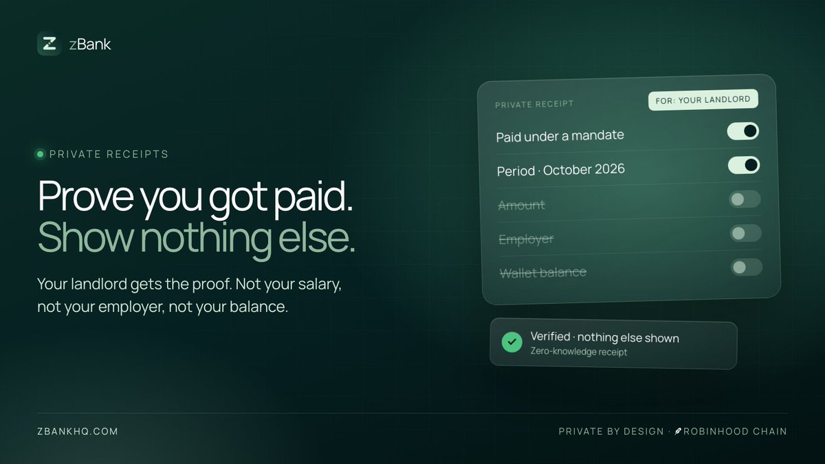 zbankfinance's tweet photo. Your landlord asks for proof of income.

Today you send a bank statement: your salary, your employer, your balance, every purchase.

With zbank you send a zero-knowledge receipt. It proves you were paid. That's it.

The amount, the payer, the rest of your record: your choice, and off by default.

https://t.co/530twLSKkL