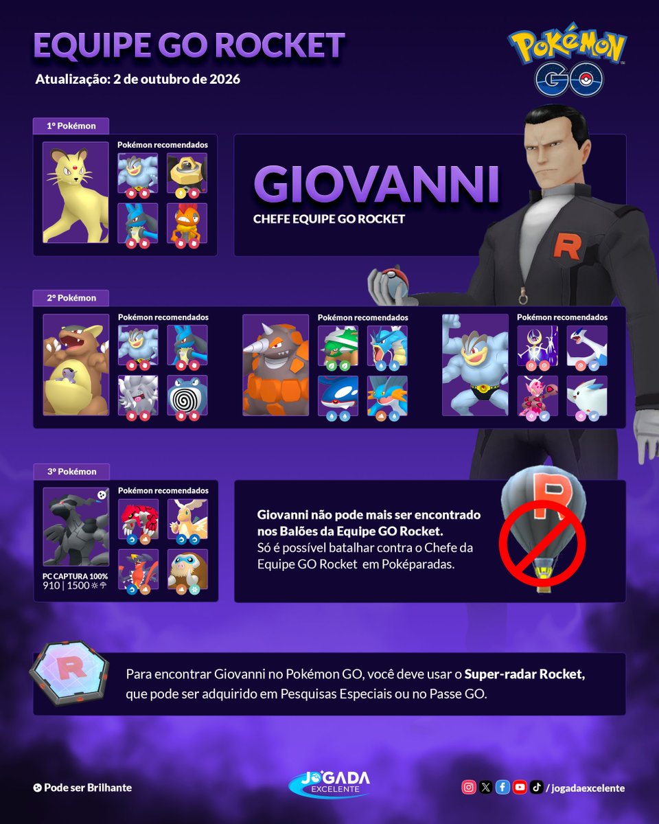 jogadaexcelente's tweet photo. Estes são os Pokémon da Equipe GO Rocket desde 2 de outubro. Eles vão ficar com estes Pokémon até o próximo evento de Invasão, que ainda não foi anunciado. https://t.co/AxU3E0et0H