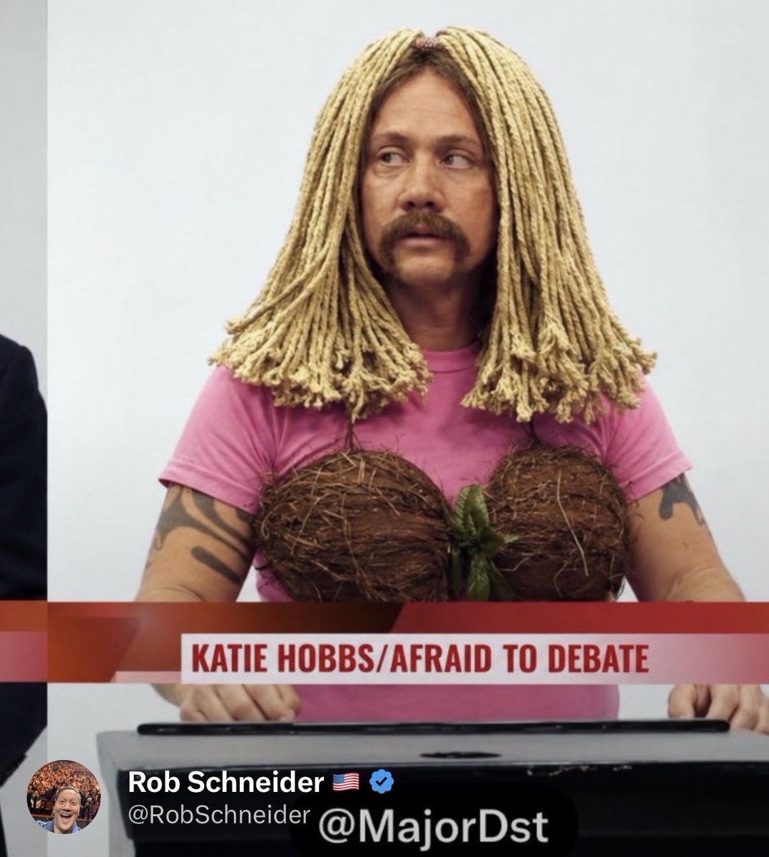 tylerbowyer's tweet photo. Omg Rob Schneider as Katie Hobbs has me dying 

She refuses to show up and answer questions!

Like why is Arizona now the worst ranked state for Public Schools

Or how she lost hundreds of billions of gallons of water for Arizona

Or why she gives her donors sweetheart contracts https://t.co/1cgleWHwvV
