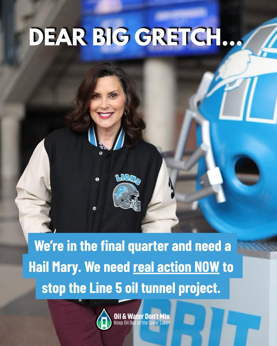 OilWaterDntMix's tweet photo. Hey, @GovWhitmer : Now is the time to go forward down the field to #ShutDownLine5! https://t.co/2peSnGEa9q