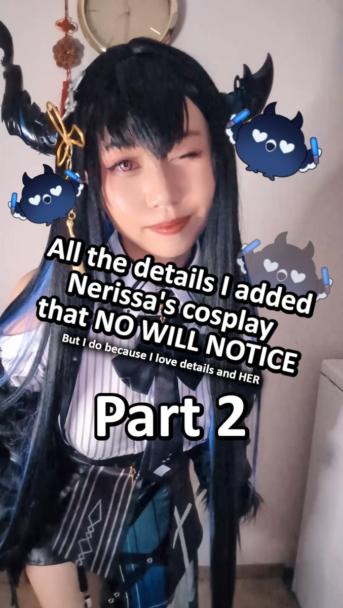 A young woman with long black hair and dark horns poses for a selfie, wearing a black and white striped outfit. Text overlay reads 'All the details I added Nerissa's cosplay that NO WILL NOTICE But I do because I love details and HER Part 2'.