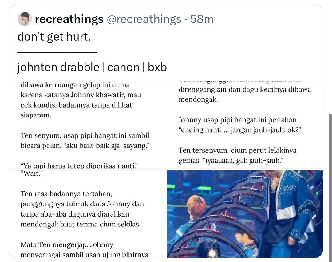 FlGUREI8HT's tweet photo. they’re writing fictions about ten reimagined as a woman being raped and assaulted btw. but i’m not surprised it’s the same type of indonesian shippers writing johnten fics when ten had a life-threatening experience and fell down the stage at sbs gayo. none of you are normal. https://t.co/43C70rH35V