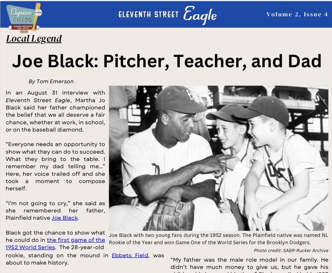 SABRElysian's tweet photo. In the latest issue of our “Eleventh Street Eagle” read about Plainfield native Joe Black: Negro Leaguer, Army veteran, Brooklyn Dodger, teacher, coach, corporate trailblazer, and dad.

https://t.co/UWqp3hUmhg https://t.co/2CGdv7hXM3