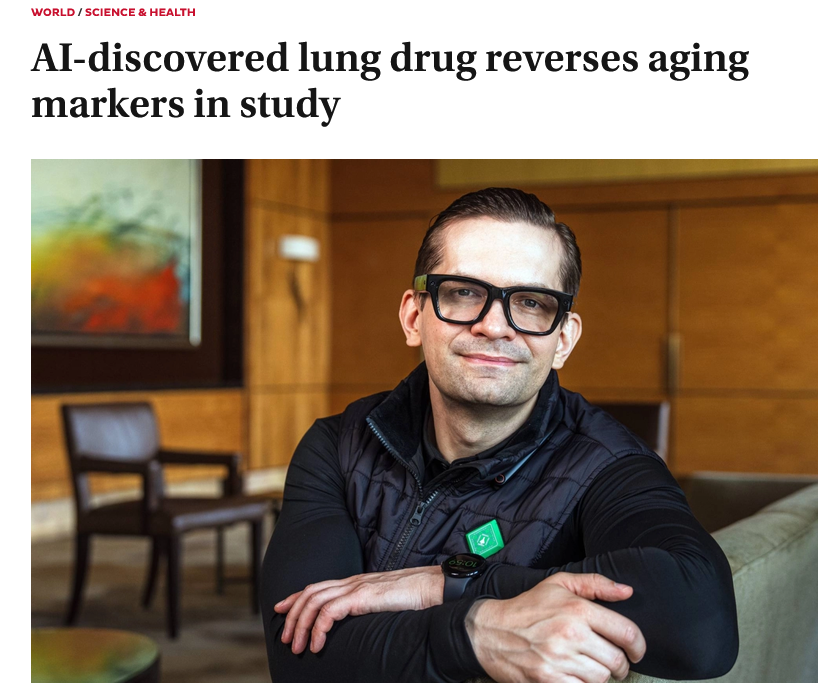Dr_Singularity's tweet photo. AI will solve aging, aging reversal is coming

AI designed drug shows signs of reversing biological age

Insilico Medicine’s AI discovered and AI designed drug rentosertib, originally developed for idiopathic pulmonary fibrosis, produced a striking secondary result in humans: all 6 proteomic aging clocks measured patients as biologically younger after treatment.

The analysis involved 42 patients in a Phase IIa trial. The strongest regimen showed roughly 3-4 years of predicted biological age reversal after just four weeks, with one aging clock indicating as much as ~6 years.

AI identified the biological target TNIK, and generative AI then designed the drug molecule itself.

The drug has now advanced toward Phase III development for lung fibrosis.