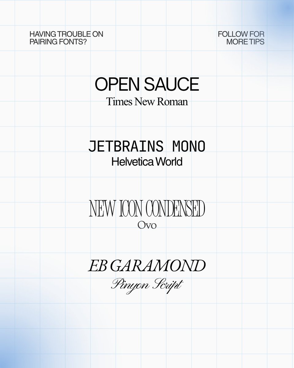 nde_freelancer's tweet photo. Good typography can make a design feel much better.

Here are some font pairings you can save for your next project. 👀

Which one is your favorite?

Need help with graphic design, video editing, or motion graphics? DM me.

#GraphicDesign #Typography #DesignTips https://t.co/KuxwQLGhCT