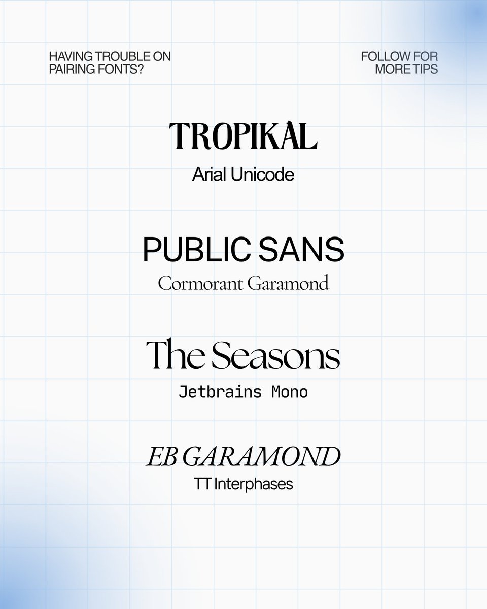 nde_freelancer's tweet photo. Good typography can make a design feel much better.

Here are some font pairings you can save for your next project. 👀

Which one is your favorite?

Need help with graphic design, video editing, or motion graphics? DM me.

#GraphicDesign #Typography #DesignTips https://t.co/KuxwQLGhCT
