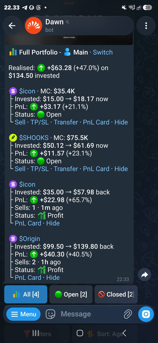 setyamickala's tweet photo. lagi testing bot trading memecoin super cepet dan UI bagus banget.

bahkan lebih enak dari cove atau copyfomo.

namanya @dawndottrade 

cukup 1x deposit dengan ETH atau USD, bisa beli memecoin di semua chain tanpa bridge 😹
notifikasi copy trade juga gak telat, karena RPC yang dipakai bagus.
fee nya juga lebih rendah dari yang lain

bot ini di kontrol oleh privy, jadi kamu bisa export private key / phrase dengan telegram account mu.

kamu bisa cobain jika mau 👇
https://t.co/G0A8aiu3yP