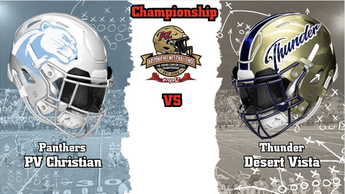 HelmetAz's tweet photo. #AZHelmetChallenge Finals:
Paradise Valley Christian Prep Panthers
@PVCPrep
๐
Desert Vista Thunder
@DVThunderFB
Voting starts Tuesday! #repAZ https://t.co/q0WUrXWOIY