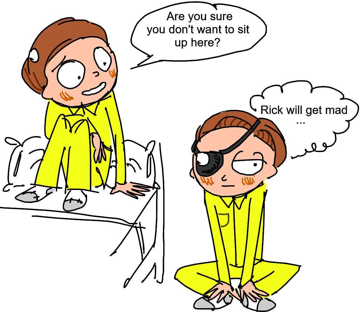 DoctorAiama's tweet photo. He did end up sitting on the bed #Pemorty #Mortycest #MortySmith #EvilMorty https://t.co/S5zxcbyiHn