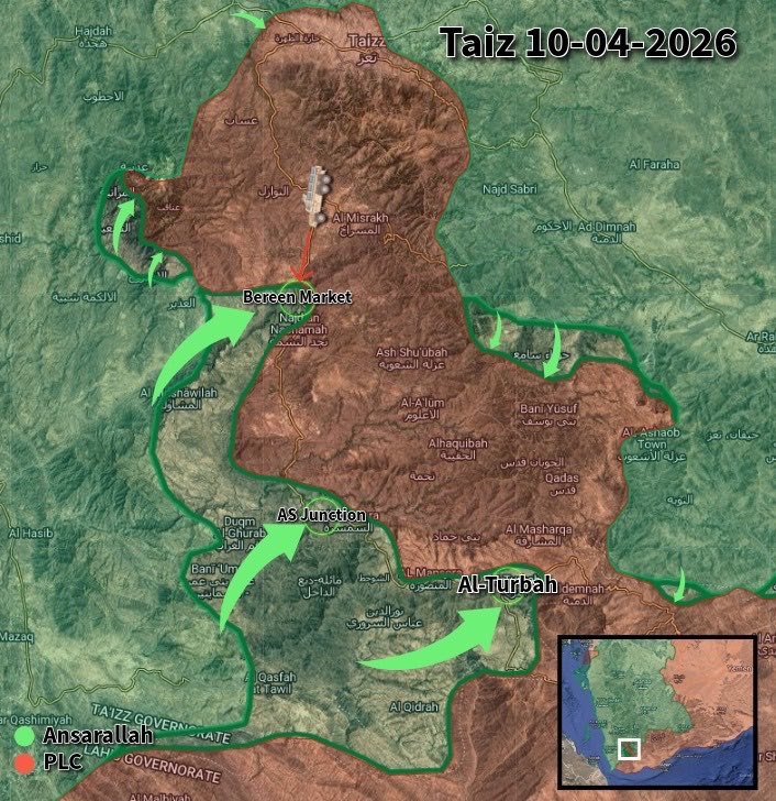 DropSiteNews's tweet photo. Ansarallah moves to cut off the last road out of Taiz in multiple areas.

Sky News and the Sana'a-based SABA News agency report that Ansarallah has taken control of the strategic mountainous crossroad of Al-Turbah. They have also entered the Al-Safiya junction to the west, granting them control of 25 kilometers of the Taiz-Turbah road. Simultaneously, OSINT sources indicate that Ansarallah has entered the Bereen Market to the north, further cutting off the last road out of Taiz city and delaying the southbound Saudi-backed Presidential Leadership Council (PLC) reinforcements.

▪️Report by @bonzerbarry