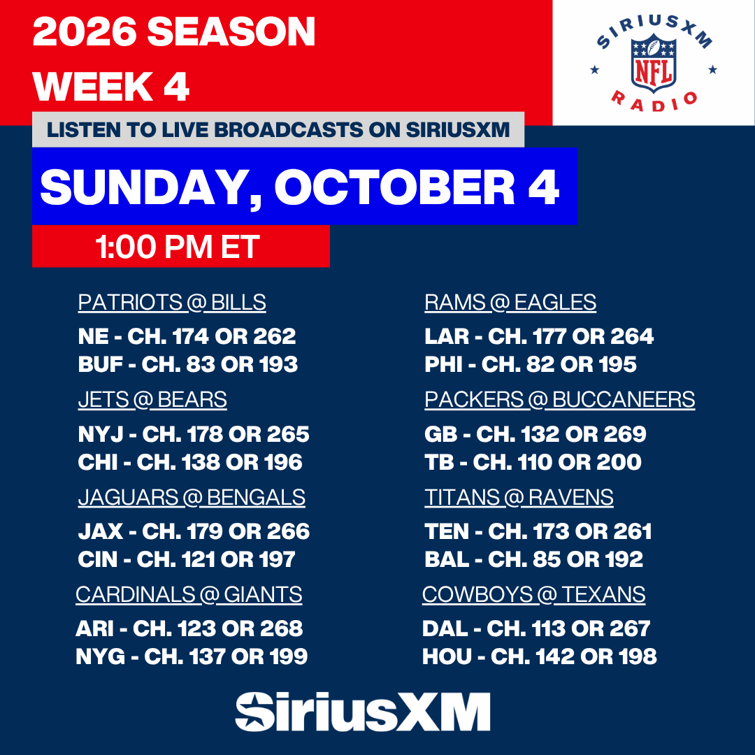 SiriusXMNFL's tweet photo. Spend Week 4⃣ on @SiriusXM ‼️

Don't miss LIVE play-by-play of EVERY key moment with your hometown announcers in EVERY game, plus analysis &amp; postgame guests ⤵️

🏈 THE SUNDAY DRIVE
⏰ 1-8 PM ET
🎙️ @JudgeTorre &amp; @BillLekas
📻 @SiriusXMNFL CHANNEL 88
🔗 https://t.co/lsCmVCXJK2 https://t.co/huMS8xUg2s