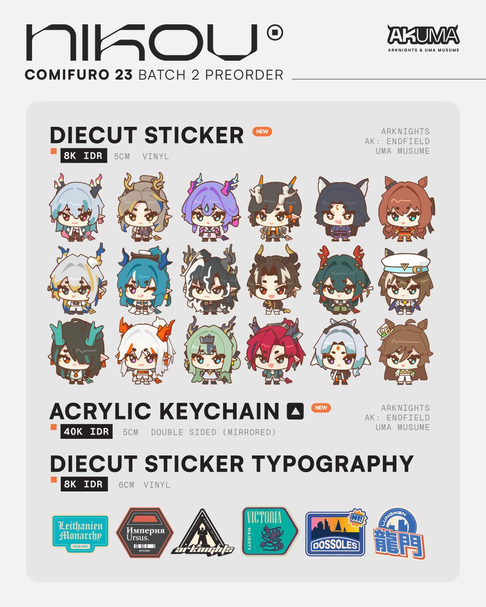 _NiKOV_'s tweet photo. Opening Batch II PO for Comifuro23! OTS Pick-up Only    

ICE BSD #CF23, Day-2 Only 
Form Deadline: 5-14 Oct 2026
Fandom: Arknights, AK:Endfield. Uma Musume, Zenless Zone Zero   

(1/3) Form down below! https://t.co/BKFQr3iubS