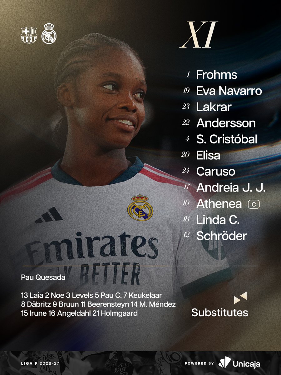realmadridfem's tweet photo. 📋 ¡Nuestro XI inicial!
✅ Our starting XI!
🆚 @FCBFemeni
👉 @UnicajaBanco https://t.co/Y4vuSChzSm