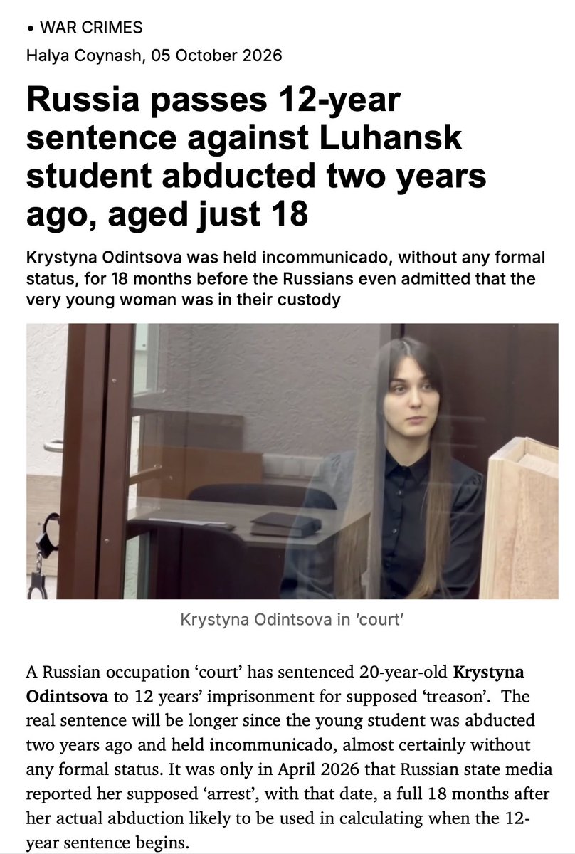 AWerberger's tweet photo. Russische Besatzung: Zwei Jahre vergehen ohne Nachricht von ihr und dann wird die verschleppte, 20-jährige  Krystyna Odinzowa plötzlich wegen angeblichen „Verrats“ zu 12 Jahren Haft verurteilt. Bei der Entführung war sie 18 Jahre alt.
https://t.co/m9mJI523UB https://t.co/tQ6sKkEQS2