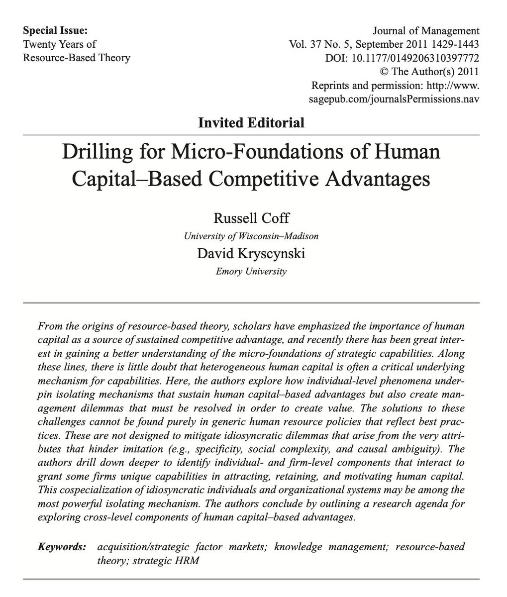 gim_simon47359's tweet photo. DAY 213
Coff, R., &amp; Kryscynski, D. (2011). Invited editorial: Drilling for micro-foundations of human capital–based competitive advantages. Journal of management, 37(5), 1429-1443. https://t.co/Q0g5GD6enA