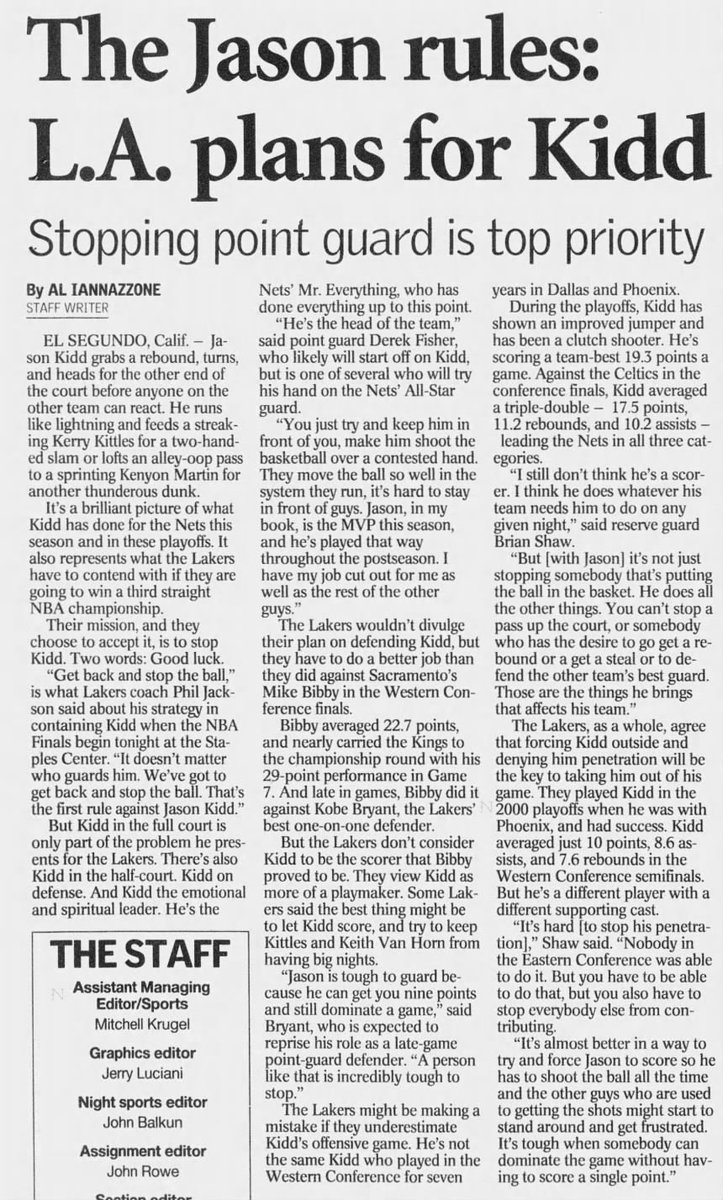WiltStats's tweet photo. Kobe Bryant on why Jason Kidd was so difficult to guard ahead of the 2002 NBA Finals:

"Jason is tough to guard because he can get you nine points and still dominate a game. A person like that is incredibly tough to stop."

Phil Jackson's primary strategy:

"Get back and stop the ball. It doesn't matter who guards him. We've got to get back and stop the ball. That's the first rule against Jason Kidd."