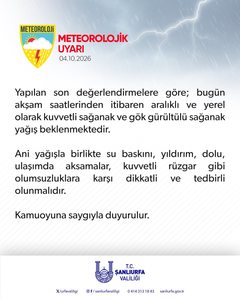 UrfaValiligi's tweet photo. Meteorolojik Uyarı https://t.co/VaadOuBfLy