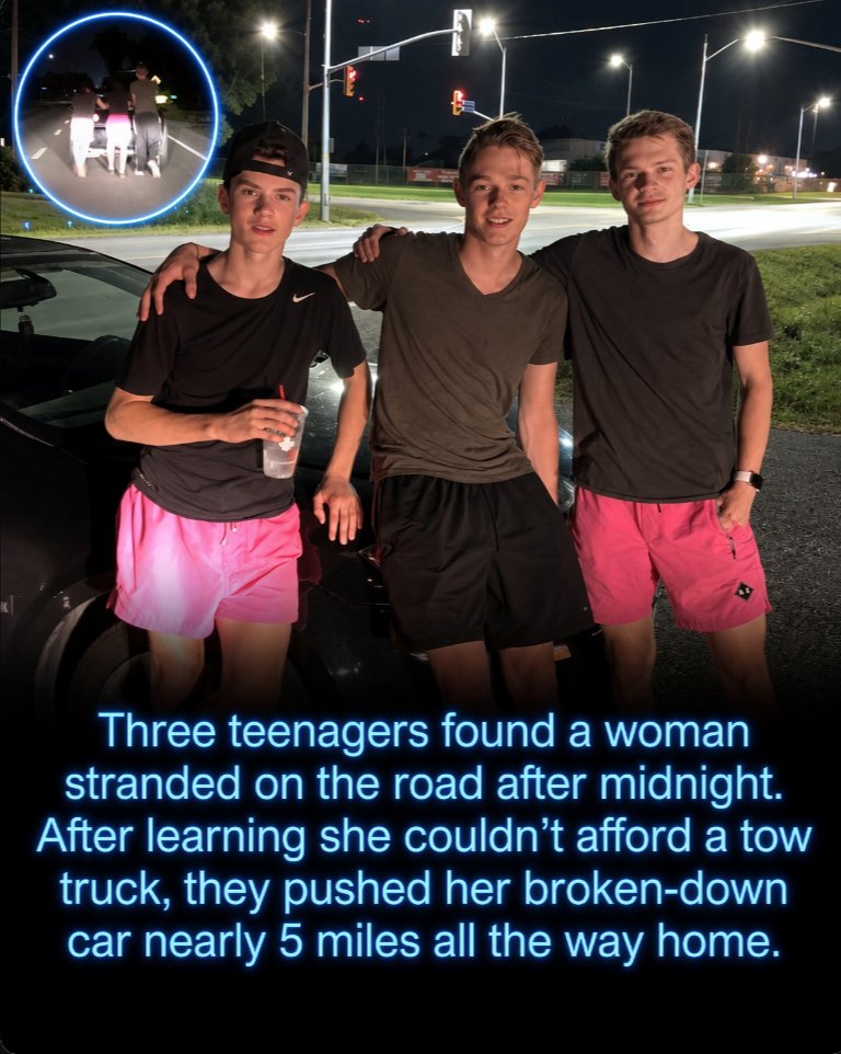 Rainmaker1973's tweet photo. Around 1 a.m. in Ontario, Canada, 18-year-old Aeron McQuillin, 17-year-old Bailey Campbell, and 15-year-old Billy Tarbett, who had gone out for a late-night snack, came across a woman stranded on the side of the road after her car had broken down, and she told them she could not afford a tow truck.

Instead of continuing on their way, the three teenagers decided to help, and with the woman steering they began pushing the car by hand, moving it nearly 7 kilometers down the road toward her home over a trip that took more than 2 hours.

Another driver eventually stopped and followed behind them with headlights and hazard lights on for safety, and even as hills, exhaustion, and a dead battery made the work harder, the boys kept going until just after 4 a.m., when they finally pushed the car into the woman’s driveway.