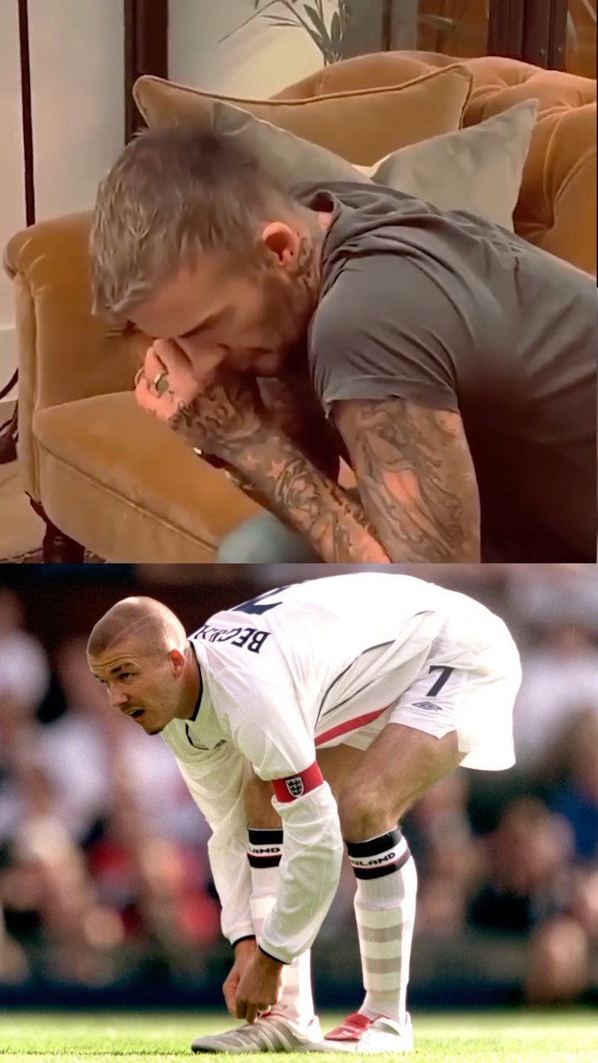 David Beckham, seen in the bottom image wearing his iconic England #7 jersey, watches footage of himself (top) and breaks down in tears as he hears commentary of his famous last-minute free kick against Greece for the first time.