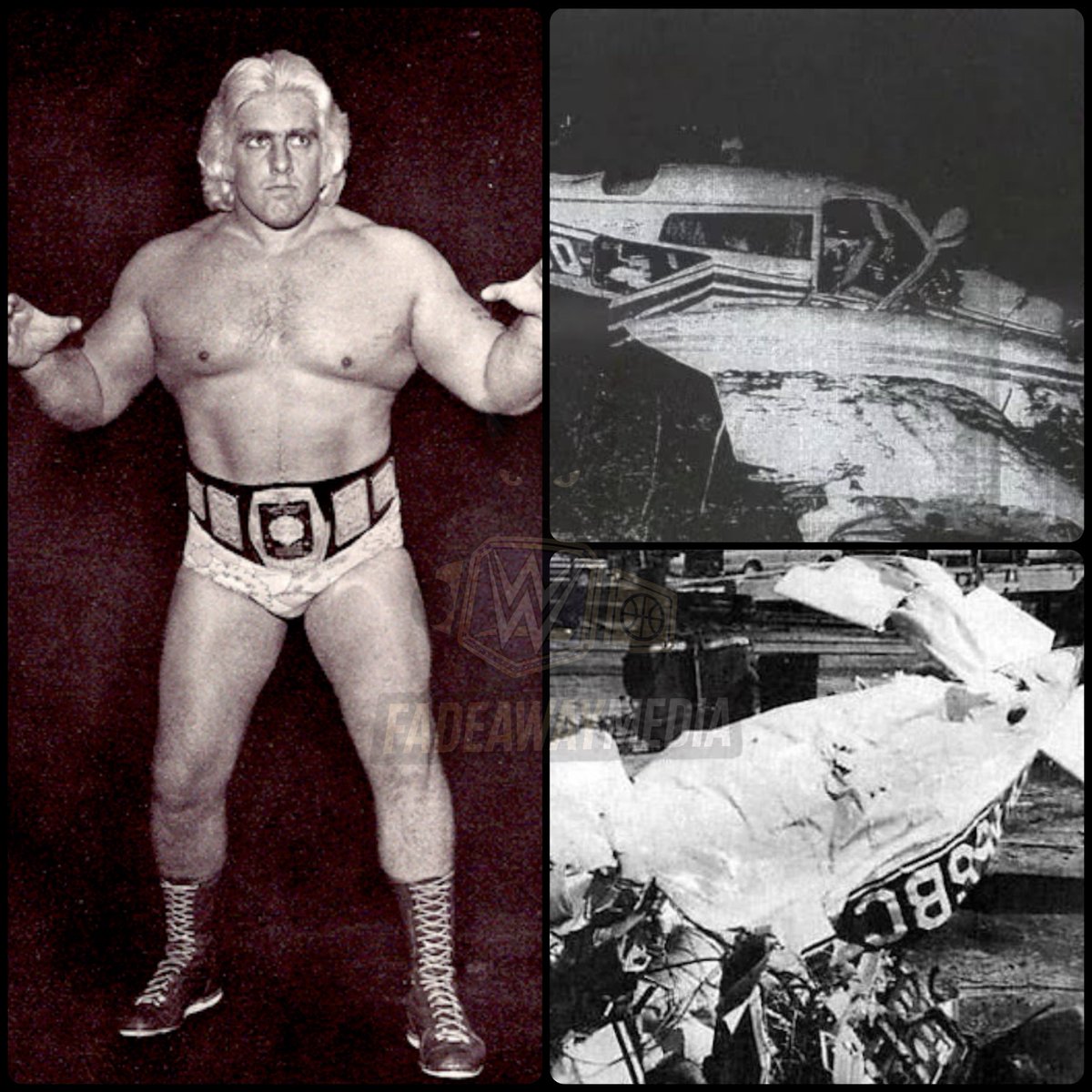 FadeAwayMedia's tweet photo. 51 years ago Ric Flair and 4 others were involved in a plane crash due to engine failure. 

Flair’s back was broken in 3 places, he was told he would never wrestle again. 

He stepped foot inside the ring 8 months later. 

(1975) https://t.co/U2UUcNoe6j