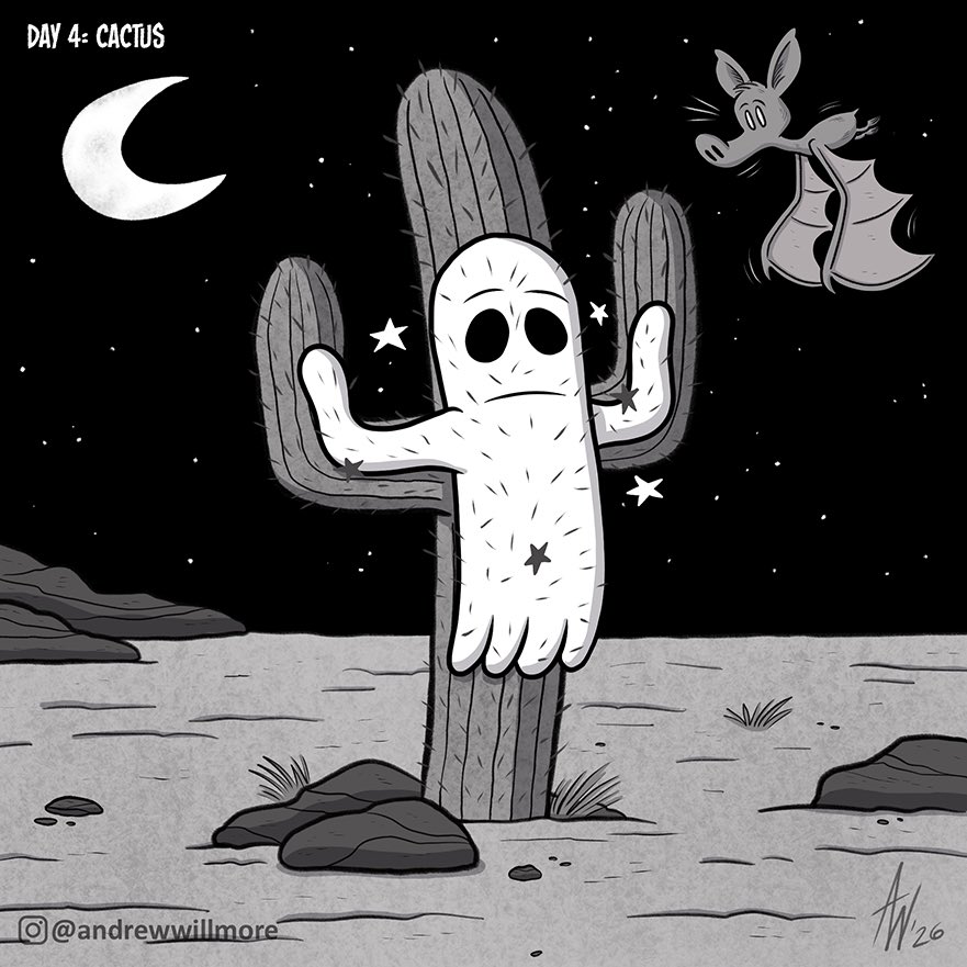 StudioBueno's tweet photo. Inktober (starring Lil' Ghost) day 4. Word prompt: CACTUS!
.
#inktober #inktober2026 #lilghost https://t.co/f8yupJcioL