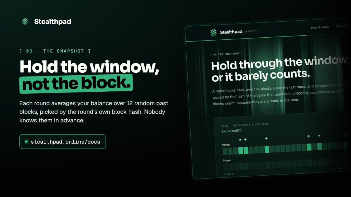 stealthpadRH's tweet photo. A snapshot taken at one block is a gift to snipers. Buy three blocks before the round, sell right after, collect a holder's share. https://t.co/VPTK0HPwxB