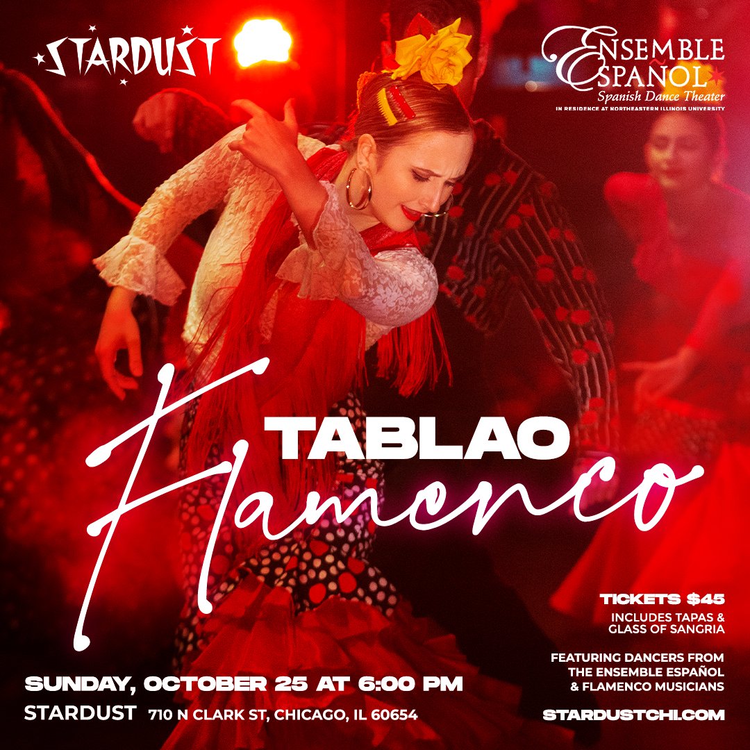 EnsembleEspanol's tweet photo. 💃 Flamenco Tablao in Community!

Sunday, October 25 from 6:00 to 9:00pm
At Stardust / 710 N Clark St, Chicago

🎟️ Tickets: https://t.co/Fj0ikrLJrP

Experience the vibrant spirit of Spain! Including tapas and a complimentary sangría drink https://t.co/LXjedBOEvs