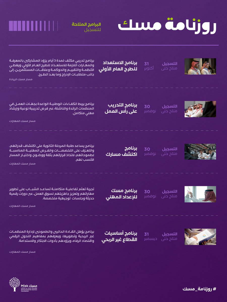 MiskKSA's tweet photo. تجمع #روزنامة_مسك لشهر أكتوبر فرصًا متنوّعة للتعلّم والتطوير، عبر برامج تفتح لك آفاقًا جديدة، وتمنحك أدوات تعزّز جاهزيتك للخطوة القادمة.

تعرّف على البرامج وسجّل الآن: (https://t.co/32FlAJCTap)

#مؤسسة_مسك https://t.co/ArDAfzRw45