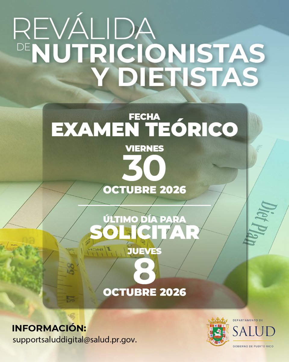 desaludpr's tweet photo. CONVOCATORIA | A todos los aspirantes a la profesión de nutricionista y dietista, el periodo de convocatoria para el examen de reválida continúa abierto.

Los formularios de solicitud están disponibles en:
🔗https://t.co/qb8jlHvygU https://t.co/tfGOgzUdTi