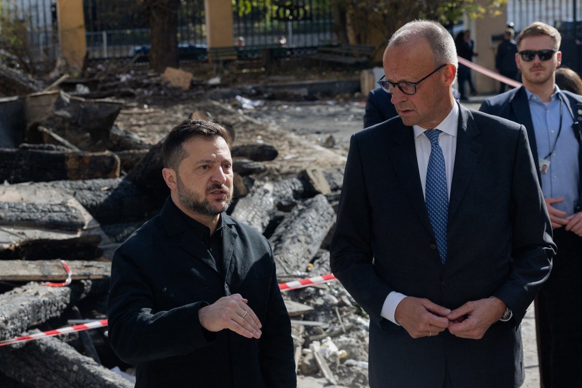 OlenaFromNorth's tweet photo. Russia hit Kyiv while Merz was still there.

Germany put up over €1.3bn today: weapons, interceptor drones, €350m for the grid before winter. They walked the Academy of Sciences wreckage Russia hit days ago.

Western visits no longer buy a ceasefire window. https://t.co/yLiorM7Kp7