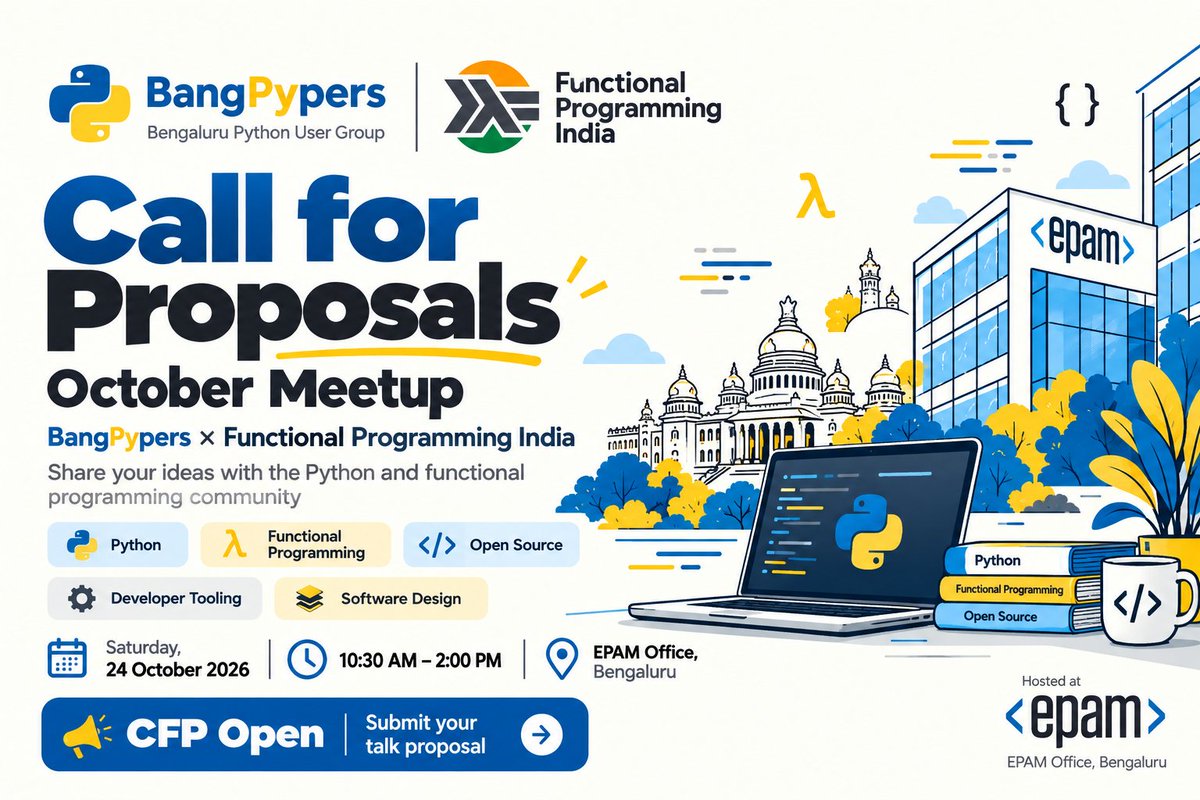 __bangpypers__'s tweet photo. CFP is open for our October meetup with @FunctionalIndia.
Theme: Functional Programming + Python
If you’re building or doing interesting work in this space, come share it with the community.
24 Oct | @EPAMSystems Office, Bengaluru
Submit: https://t.co/tHspXNyGAF https://t.co/xvsxv0a88h