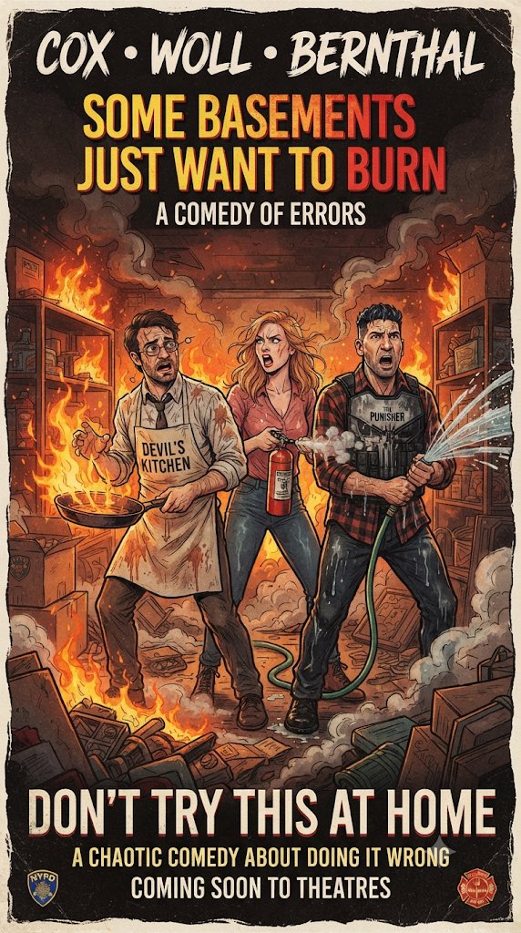 movierulez150's tweet photo. #Ai #AiArt #Concept #Poster #Basement #Burn #CharlieCox #DeborahAnnWoll #JonBernthal #Daredevil #KarenPage #FrankCastle #ThePunisher #DaredevilBornAgain #Comedy #Home #Errors https://t.co/einyanpnNU