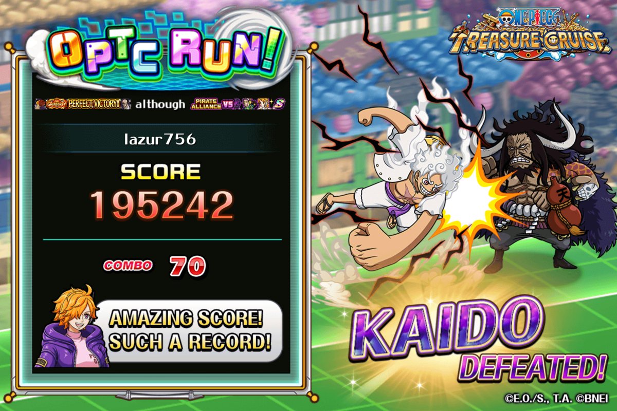 Lazur756's tweet photo. Challenging #OPTCRun right now! 
Obtained Score: 195242
Max Combo: 70
#DefeatedKaido!
#OPTCHighScore!

Play from here!
https://t.co/l7mYK1N6sE https://t.co/0XJJXx4ySi