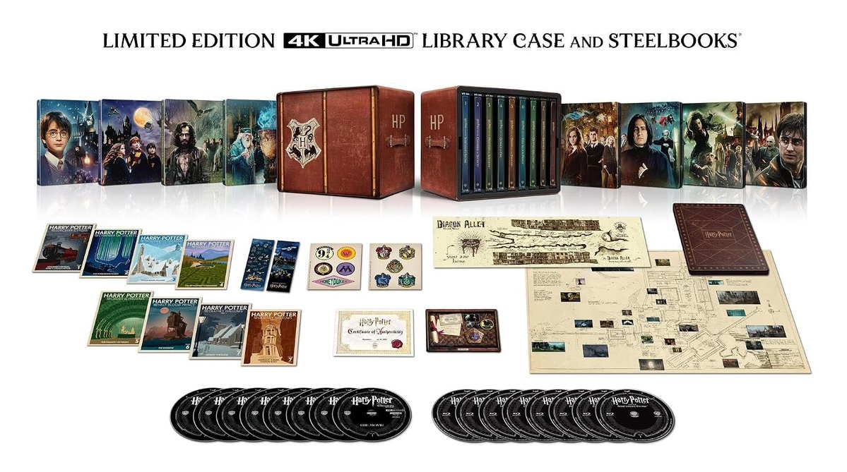 hdreport's tweet photo. The Harry Potter 8-Film Limited Edition SteelBook Library Case with Certificate of Authenticity is back up for pre-order and arrives this Tuesday, Oct. 6! Amazon Exclusive https://t.co/0ocqWSLVfV https://t.co/Ts2EBb4nmM