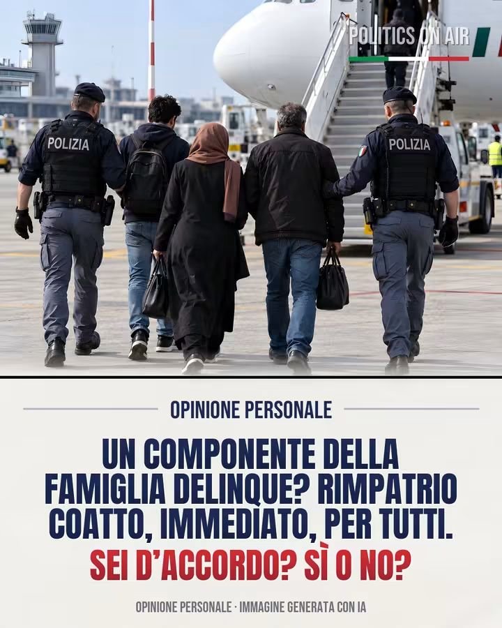 itsmeback_'s tweet photo. PIENAMENTE D'ACCORDO.
SI.

🔴 SE UN COMPONENTE DELLA FAMIGLIA DELINQUE, RIMPATRIO PER TUTTI?

#remigrazione #remigration
#NOislam

✈️ Una proposta netta: se un solo componente di un nucleo familiare di stranieri commette un reato, rimpatrio coatto e immediato per l'intera famiglia.

Immagine illustrativa generata con IA: la scena non è reale.

- Politics On Air