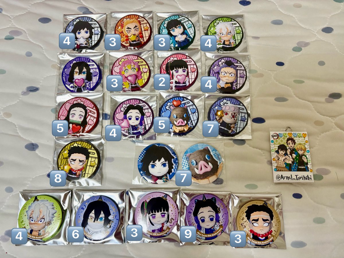 Arnel_Torihiki's tweet photo. 【交換・譲渡】
みに隊士　缶バッジ　5周年

《譲》画像①②
伊之助(1弾・⭕️2弾)/⭕️禰󠄀豆子/玄弥/カナヲ/⭐️煉獄/⭕️宇髄/⭐️無一郎/蜜璃/⭐️義勇/⭕️しのぶ/⭕️悲鳴嶼/⭐️実弥/伊黒

《求》第1弾・炭治郎/善逸
　　＞定価＋送料(郵送)

⚠️無印/⭕️⇄善逸。⭕️は譲渡可、2点〜。

＊大阪市内手渡し、郵送 https://t.co/EUxiqU4jij