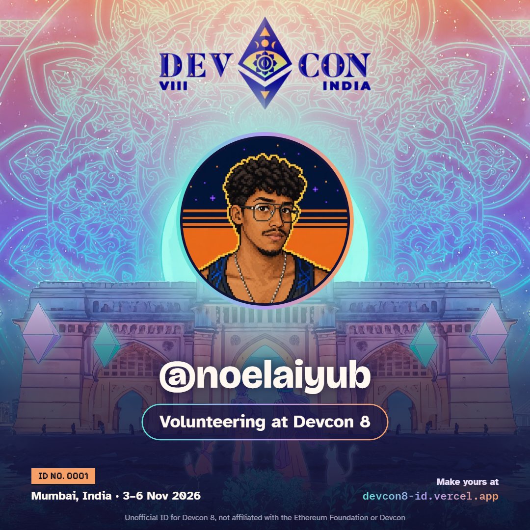 noelaiyub's tweet photo. Very excited for the Devcon 8 🇮🇳 🔥

built a fan project with @0xAT8 
 
Devcon 8 ID - make your own Devcon 8 ID card! 

Just enter your X handle and choose from 3 templates (Classic, Postcard, animated Journey map) 

Ready within seconds!

Make yours 👇
https://t.co/XifK6abkYk https://t.co/D7ywDJPvmy