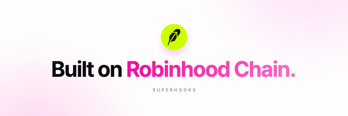 SuperHooksRH's tweet photo. Robinhood Chain already has the market.

960,000 Uniswap V4 pools.
328,000 already running a hook.
194 tokenized stocks to pair with.

Launch against ETH, USDG, NVDA, TSLA, AAPL, SPY, and more.

SuperHooks gives you a new way to build on top of what’s already there.

Built on @RobinhoodCrypto.