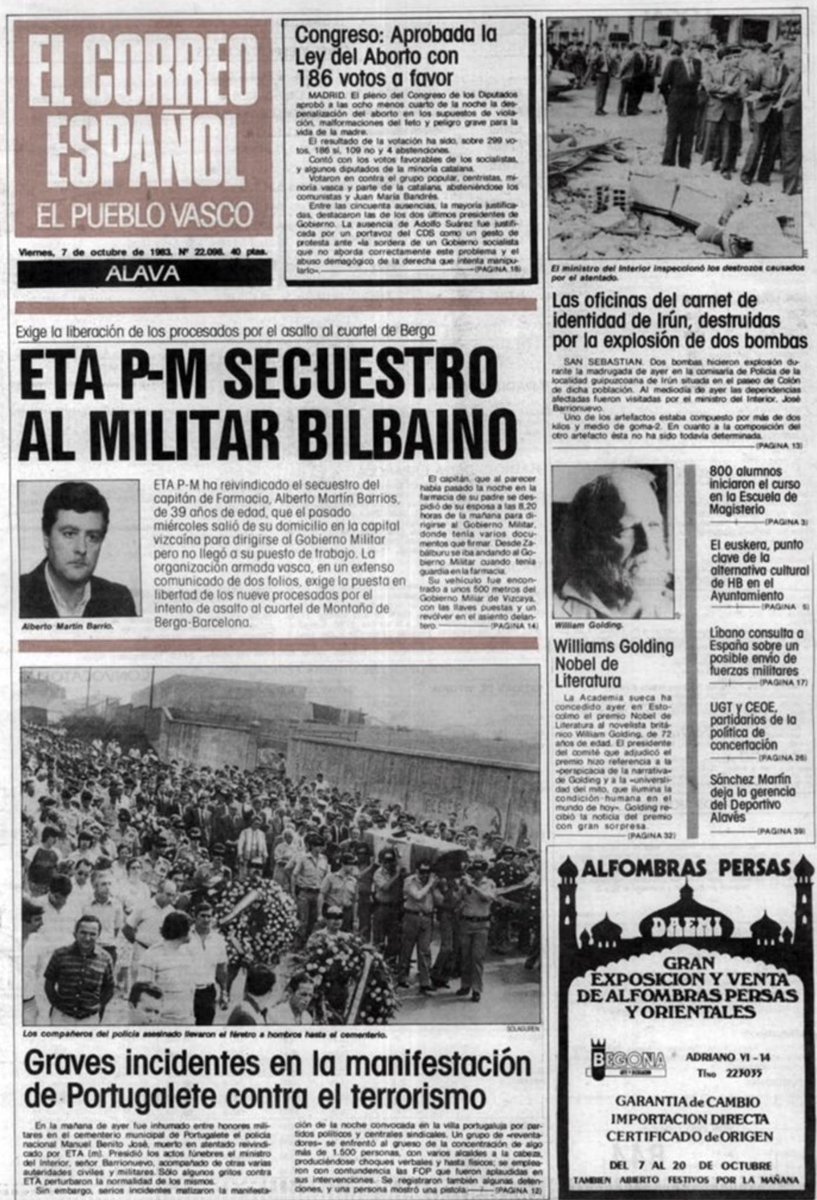 MemorialVT's tweet photo. 05/10/1983. Bilbao. Se cumplen 43 años del secuestro por ETA-pm VIII Asamblea del farmacéutico y capitán @EjercitoTierra ALBERTO MARTÍN BARRIOS. La banda exigía la suspensión de un juicio contra etarras por el asalto al cuartel de Berga. Secuestrado y torturado durante 13 días. https://t.co/jv8CrqZMom