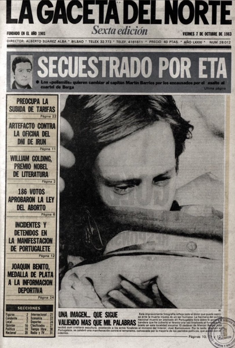 MemorialVT's tweet photo. 05/10/1983. Bilbao. Se cumplen 43 años del secuestro por ETA-pm VIII Asamblea del farmacéutico y capitán @EjercitoTierra ALBERTO MARTÍN BARRIOS. La banda exigía la suspensión de un juicio contra etarras por el asalto al cuartel de Berga. Secuestrado y torturado durante 13 días. https://t.co/jv8CrqZMom