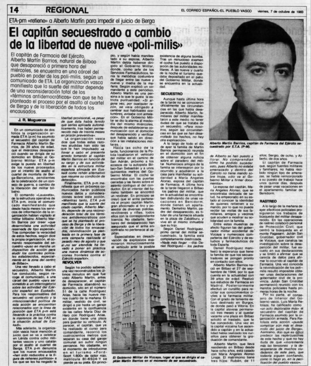 MemorialVT's tweet photo. 05/10/1983. Bilbao. Se cumplen 43 años del secuestro por ETA-pm VIII Asamblea del farmacéutico y capitán @EjercitoTierra ALBERTO MARTÍN BARRIOS. La banda exigía la suspensión de un juicio contra etarras por el asalto al cuartel de Berga. Secuestrado y torturado durante 13 días. https://t.co/jv8CrqZMom