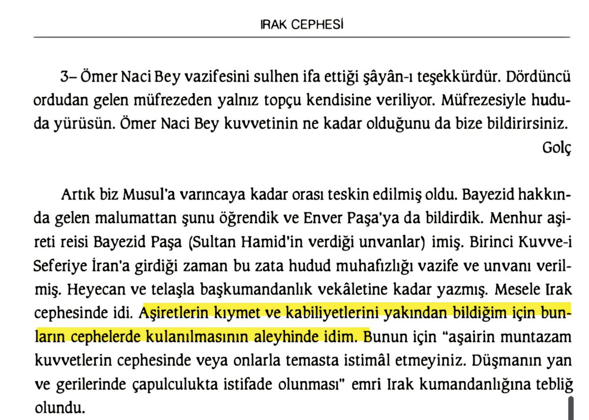 TanselBaydur's tweet photo. O sırada Kazım Karabekir:

"Aşiretlerin kıymet ve kabiliyetlerini yakından bildiğim için bunların cephelerde kullanılmasının aleyhinde idim."

"Osmanlı Türkleri, cihat ilan edilmiş veya edilmemiş hiçbir fedakârlıktan çekinmezler. Fakat henüz askerî inzibata alınmamış olan yerlerimizdeki Kürtler ve Araplara gelince onlar da cihat ilan edilmiş veya edilmemiş hiçbir fedakârlığa yanaşmazlar! Memleket haricine gelince, ya duymazlar ya anlamazlar veya harekete gelmezler!"

Özellikle Şuayyibe Muharebesi'nden önce Kâzım Paşa, Süleyman Askeri'yi aşiretlere güvenmemesi konusunda uyardı ve İngiliz ordusu karşısında kolayca dağılacaklarını söyledi. Süleyman Askeri dinlemedi. Şuayyibe'de aşiretler dağılıp kaçmakla kalmadı Türk askerlerine saldırdılar.   Süleyman Askeri de arkalarından "köpekler kadar olamadınız" diye bağırdı. Sonra da kendi kafasına sıktı.