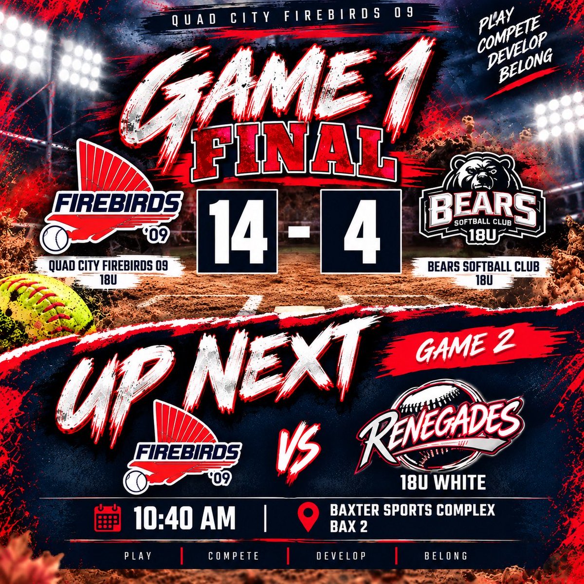 QCFirebirds09's tweet photo. 🔥 FIREBIRDS WIN! 🔥

QC Firebirds 09 opens the day with a 14-4 win over Bears Softball Club 18U! 🥎

UP NEXT: Renegades 18U White at 10:40 AM.

Keep it rolling, Firebirds! 🔥

#QCFirebirds09 #SoftballRecruiting https://t.co/kugklqfGHi