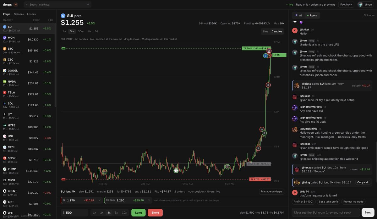 derpsxyz's tweet photo. Social Perps + AI = sui:native 

Open doors tomorrow, limited seats.
$JEAN (SUI) easter egg hunt valued over $500

Manage your positions, adds & exits, all with chat. 
Live feed with troll chats, calls, and trades combined. 
Set AI bots per token & monitor strategies in chat. 
Get push notifications & quick actions in real time. 
Access is gated and limited to funded users.

S/O @AftermathFi & @Mysten_Labs for the assist in upgrades. Moving forward everything is real time, no lag.