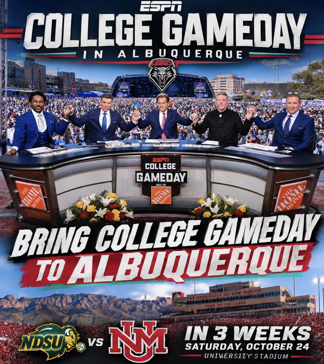 TheHowlLine's tweet photo. 👀 @CollegeGameDay @espn seriously, take a look at Albuquerque on Oct. 24.

North Dakota State (@NDSUfootball) at New Mexico (@UNMLoboFB) has the chance to be one of the biggest G6 games of the weekend. Both could be fighting for the Mountain West (@MountainWest) and a spot at the top of the G6 race.

Add in University Stadium, Jason Eck, the Sandias, a fanbase ready to show out, and a national slate without many obvious headliners… why not Albuquerque? 🐺🔥

@ReceDavis @KirkHerbstreit @DesmondHoward @PatMcAfeeShow @sabanfaux @espn @CollegeGameDay  come to the 505!

#GoLobos #CollegeGameDay #ESPN #BringGameDayToABQ #MountainWest #LoboNation #TheHowlLine