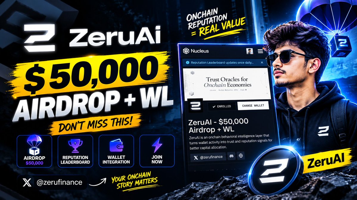 Albraju36's tweet photo. Good night CT 🌙

Most onchain systems focus on what your wallet is doing today.

But what if your past activity, consistency, and behavior also mattered?

That’s the direction @zerufinance is exploring with Trust Oracles.

ZeruAI analyzes onchain behavior to create reputation signals, powering products like zScore and Zaps.

The interesting part is how this can connect reputation with real economic incentives:

• Trade
• Contribute onchain
• Earn Zaps
• Build your reputation
• Unlock future opportunities

The $50K ZeruAI x Ditto trading competition shows how this model can work in practice, with verified trading activity contributing toward rewards.

To me, the bigger idea is simple:

Your wallet shouldn’t be judged only by what it holds.
Your onchain behavior should tell the story.

Keep an eye on @zerufinance