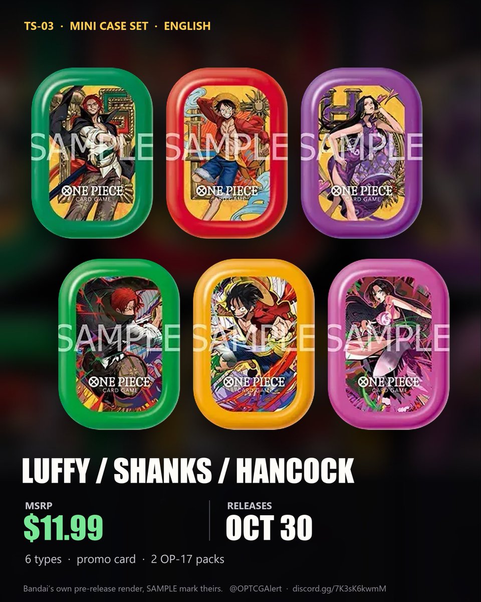 OPTCGAlert's tweet photo. What is happening in One Piece TCG👇

OCT 30

EB-05 Extra Booster, One Piece Heroines Edition vol.2.
https://t.co/phVSZJopFV

TS-03 Mini Case Set, Luffy/Shanks/Hancock. $11.99, each with a promo card and two OP-17 boosters.
https://t.co/XbACXlQM49

NOV 20

OP-18 Booster Pack, The Dominance of God. The pack art carries the 4th Anniversary mark.
https://t.co/k81Z5xxuto

Gift Collection, One Piece Heroines. $44.99 for ten promo cards, seventy sleeves and two EB-05 packs.
https://t.co/LHtYWSYOMP

The second any of these open for preorder, or hits shelves our crew is there https://t.co/jxoj2M66K6

#OnePieceCardGame #OPTCG